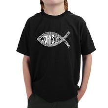 Load image into Gallery viewer, John 3:16 Fish Symbol - Boy&#39;s Word Art T-Shirt