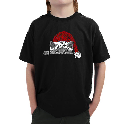 Christmas Peeking Cat - Boy's Word Art T-Shirt
