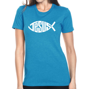 Christian Jesus Name Fish Symbol - Women's Premium Blend Word Art T-Shirt