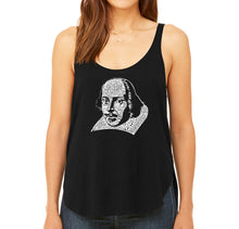 Load image into Gallery viewer, THE TITLES OF ALL OF WILLIAM SHAKESPEARE&#39;S COMEDIES &amp; TRAGEDIES - Women&#39;s Word Art Flowy Tank