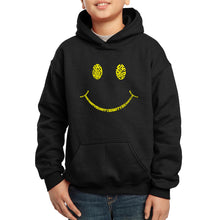Load image into Gallery viewer, LA Pop Art Boy&#39;s Word Art Hooded Sweatshirt - Be Happy Smiley Face