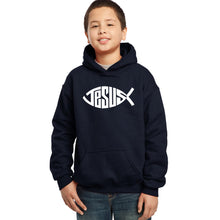 Load image into Gallery viewer, LA Pop Art Boy&#39;s Word Art Hooded Sweatshirt - Christian Jesus Name Fish Symbol