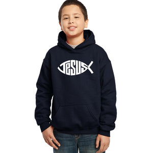 LA Pop Art Boy's Word Art Hooded Sweatshirt - Christian Jesus Name Fish Symbol