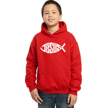 Load image into Gallery viewer, LA Pop Art Boy&#39;s Word Art Hooded Sweatshirt - Christian Jesus Name Fish Symbol