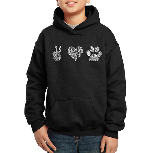 LA Pop Art Boy's Word Art Hooded Sweatshirt - Peace Love Dogs
