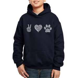 LA Pop Art Boy's Word Art Hooded Sweatshirt - Peace Love Dogs