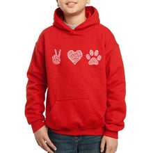 Load image into Gallery viewer, LA Pop Art Boy&#39;s Word Art Hooded Sweatshirt - Peace Love Dogs