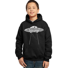 Load image into Gallery viewer, LA Pop Art Boy&#39;s Word Art Hooded Sweatshirt - Flying Saucer UFO