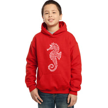 Load image into Gallery viewer, LA Pop Art Boy&#39;s Word Art Hooded Sweatshirt - Types of Seahorse