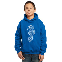 Load image into Gallery viewer, LA Pop Art Boy&#39;s Word Art Hooded Sweatshirt - Types of Seahorse
