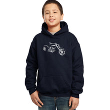 Load image into Gallery viewer, LA Pop Art Boy&#39;s Word Art Hooded Sweatshirt - MOTORCYCLE