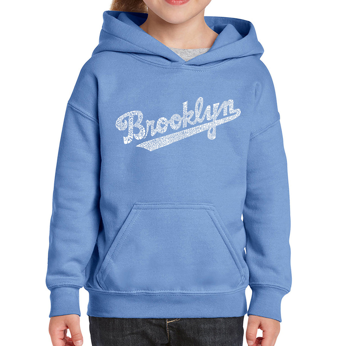 La Pop Art Brooklyn Neighborhoods - Girl's Word Art Hooded Sweatshirt X-Large / Carolina