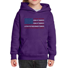 Load image into Gallery viewer, Land of the Free American Flag  - Girl&#39;s Word Art Hooded Sweatshirt