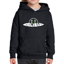Load image into Gallery viewer, Believe UFO - Girl&#39;s Word Art Hooded Sweatshirt