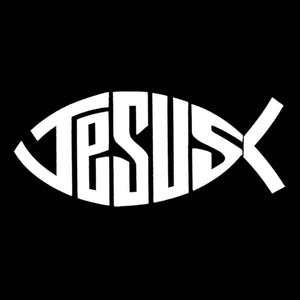 LA Pop Art Women's Dolman Cut Word Art Shirt - Christian Jesus Name Fish Symbol