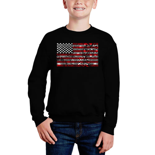 Fireworks American Flag - Boy's Word Art Crewneck Sweatshirt