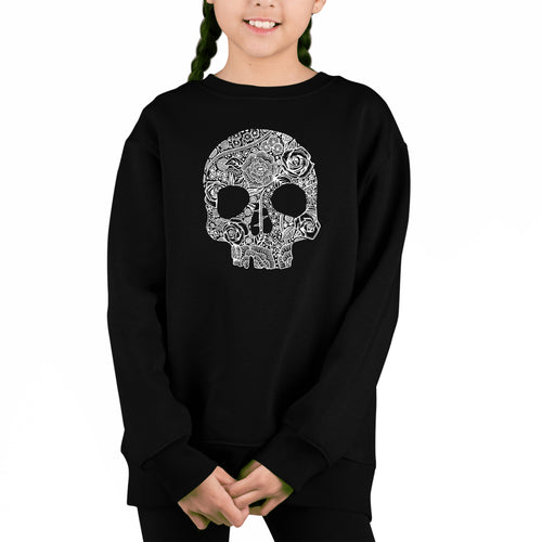 Flower Skull - Girl's Word Art Crewneck Sweatshirt