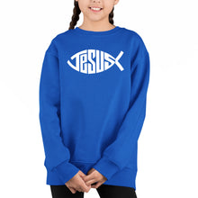 Load image into Gallery viewer, Christian Jesus Name Fish Symbol - Girl&#39;s Word Art Crewneck Sweatshirt