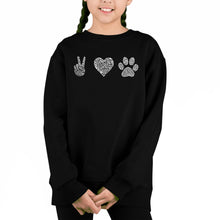 Load image into Gallery viewer, Peace Love Dogs - Girl&#39;s Word Art Crewneck Sweatshirt