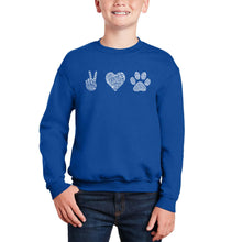 Load image into Gallery viewer, Peace Love Dogs - Boy&#39;s Word Art Crewneck Sweatshirt