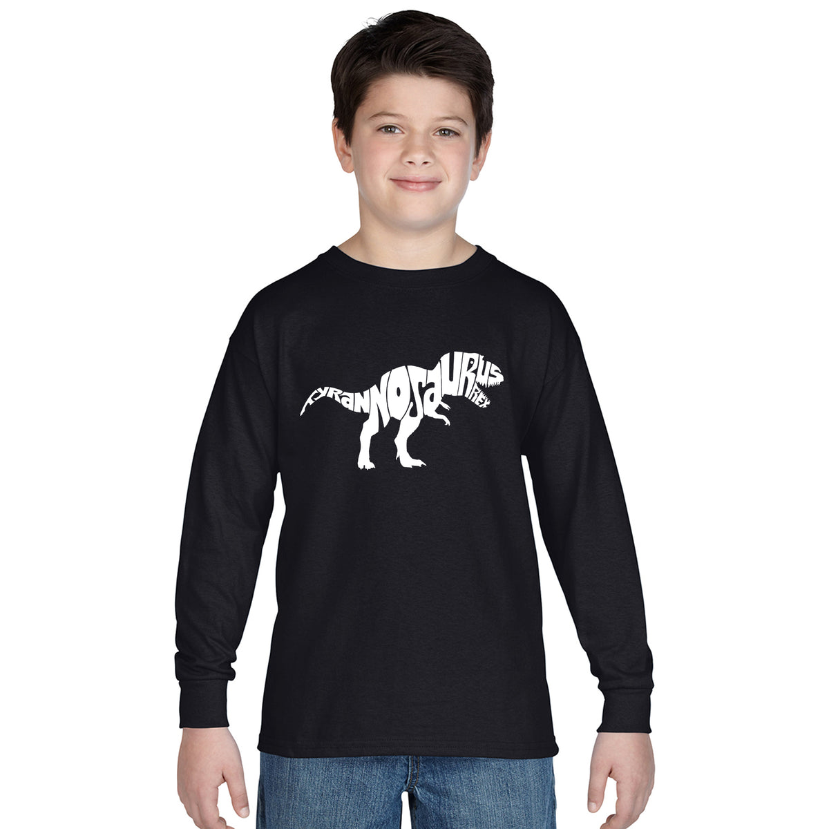 LA Pop Art Men's Raglan Baseball Word Art T-shirt – Dinosaur T-Rex Skeleton