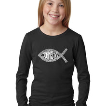 Load image into Gallery viewer, LA Pop Art Girl&#39;s Word Art Long Sleeve - John 3:16 Fish Symbol