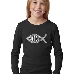 LA Pop Art Girl's Word Art Long Sleeve - John 3:16 Fish Symbol