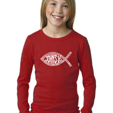 Load image into Gallery viewer, LA Pop Art Girl&#39;s Word Art Long Sleeve - John 3:16 Fish Symbol