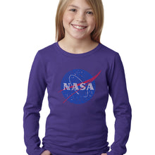 Load image into Gallery viewer, LA Pop Art Girl&#39;s Word Art Long Sleeve - NASA&#39;s Most Notable Missions