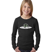 Load image into Gallery viewer, Believe UFO - Girl&#39;s Word Art Long Sleeve T-Shirt
