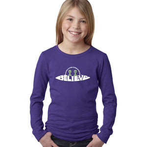 Believe UFO - Girl's Word Art Long Sleeve T-Shirt