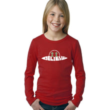 Load image into Gallery viewer, Believe UFO - Girl&#39;s Word Art Long Sleeve T-Shirt