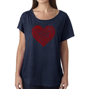 LA Pop Art Women's Dolman Cut Word Art Shirt - Country Music Heart
