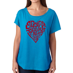 LA Pop Art Women's Dolman Cut Word Art Shirt - Crazy Little Thing Called Love