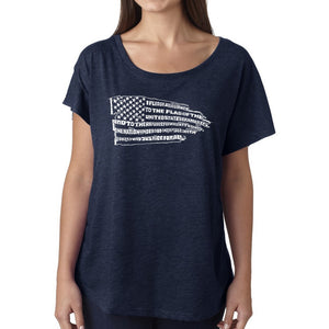 LA Pop Art Women's Dolman Cut Word Art Shirt - Pledge of Allegiance Flag