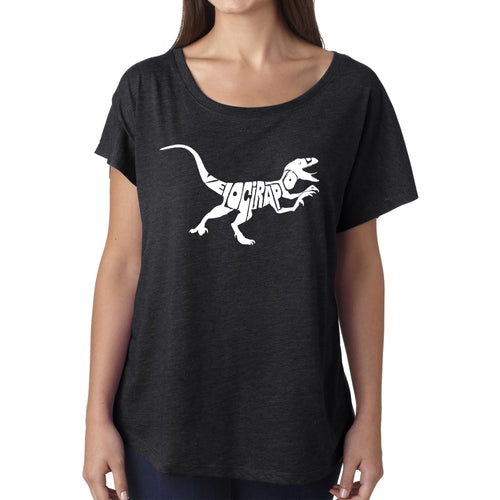 LA Pop Art Women's Dolman Word Art Shirt - Velociraptor
