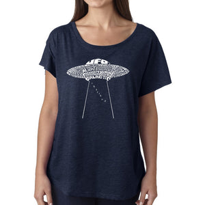 LA Pop Art Women's Dolman Cut Word Art Shirt - Flying Saucer UFO