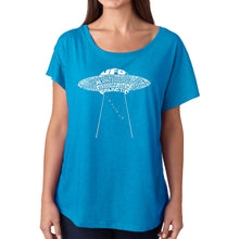 Load image into Gallery viewer, LA Pop Art Women&#39;s Dolman Cut Word Art Shirt - Flying Saucer UFO