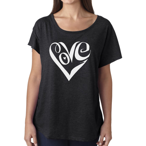 LA Pop Art Women's Loose Fit Dolman Cut Word Art Shirt - Script Love Heart