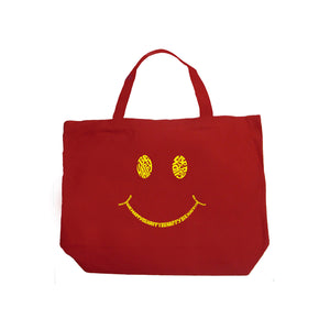 Be Happy Smiley Face  - Large Word Art Tote Bag