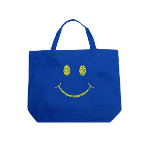Be Happy Smiley Face  - Large Word Art Tote Bag