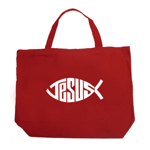 Christian Jesus Name Fish Symbol - Large Word Art Tote Bag