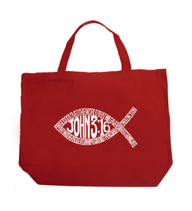 John 3:16 Fish Symbol - Large Word Art Tote Bag