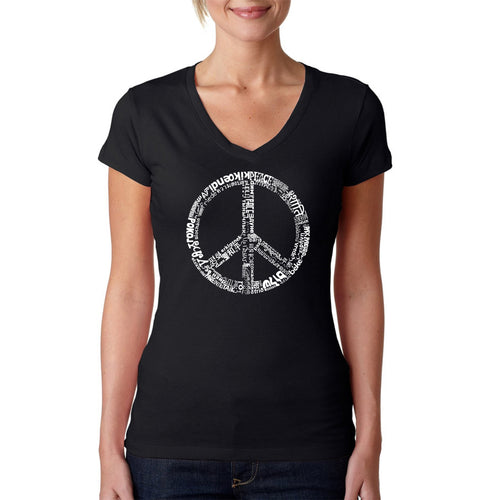 THE WORD PEACE IN 77 LANGUAGES - Women's Word Art V-Neck T-Shirt
