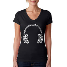 Load image into Gallery viewer, Music Note Headphones - Women&#39;s Word Art V-Neck T-Shirt