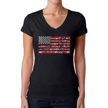 Load image into Gallery viewer, Women&#39;s Word Art V-Neck T-Shirt - Fireworks American Flag