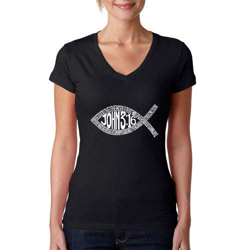 John 3:16 Fish Symbol - Women's Word Art V-Neck T-Shirt