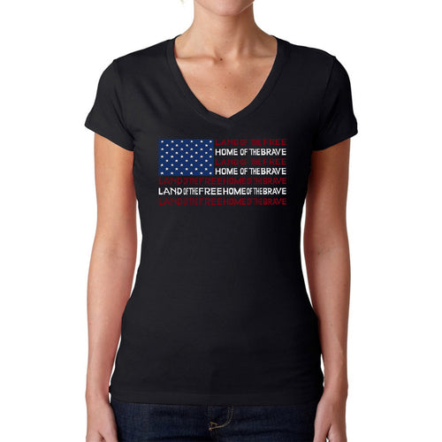 Land of the Free American Flag  - Women's Word Art V-Neck T-Shirt