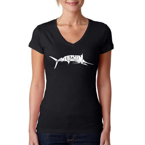 Marlin Gone Fishing - Women's Word Art V-Neck T-Shirt