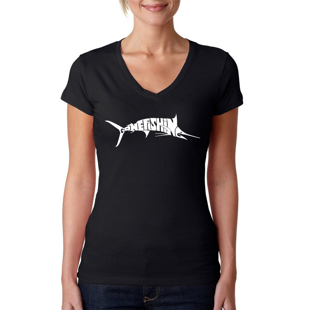 Marlin Gone Fishing - Women's Word Art V-Neck T-Shirt